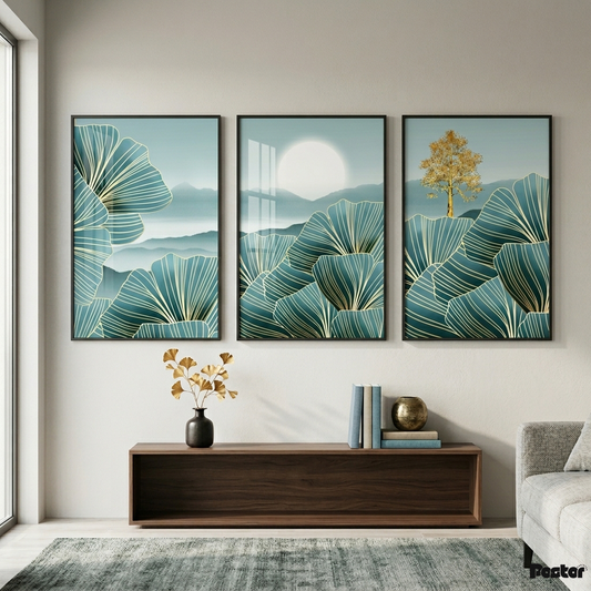 Emerald Elegance: 3-Piece Golden Ginkgo & Misty Mountain Art Set