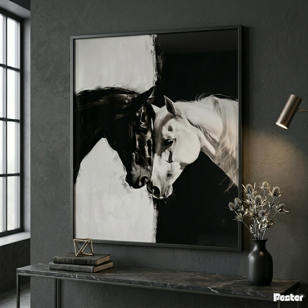 Monochrome Yin and Yang Horses Contemporary Framed Poster