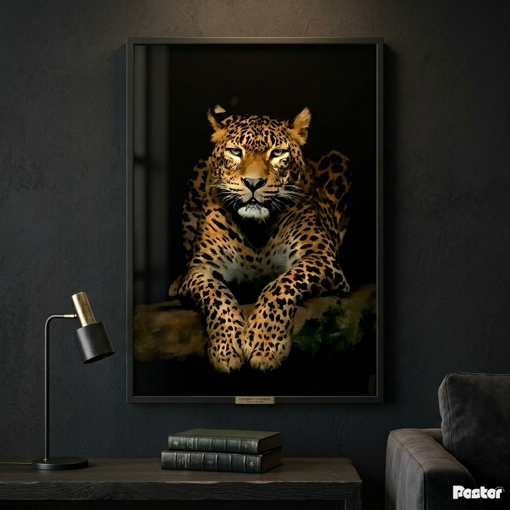 Intense Leopard Gaze Dark Interior Framed Poster