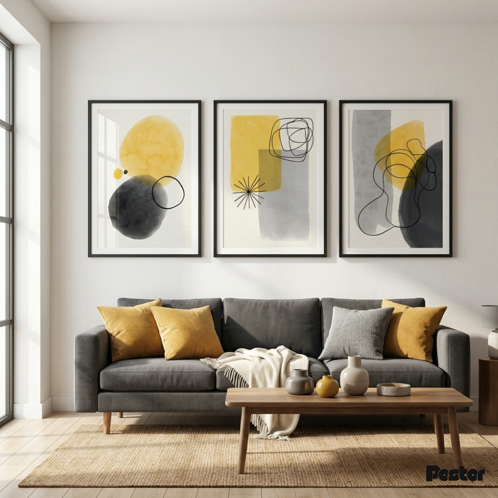Yellow & Charcoal Mid-Century Modern Abstract Wall Art Set