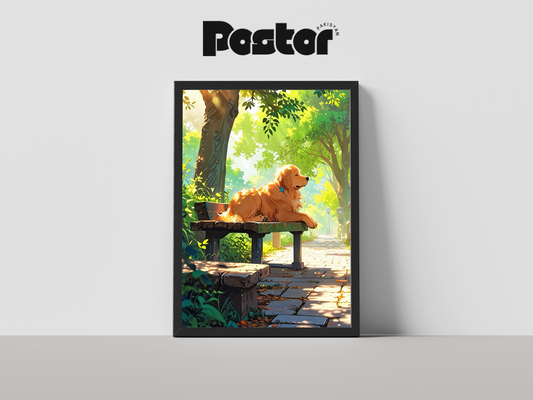 Golden Retriever on Park Bench Art Framed Poster - #P013