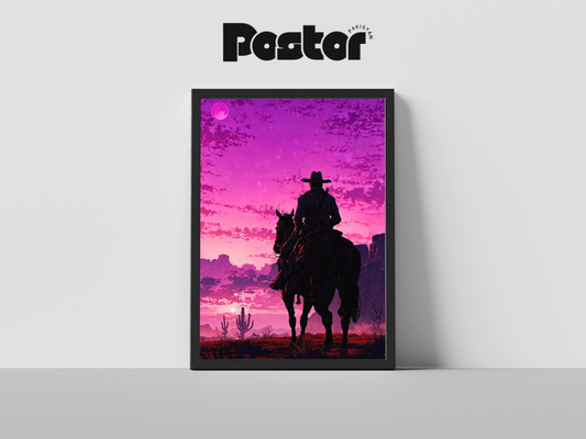 Cowboy on Horseback at Sunset Framed Art Poster - #P019