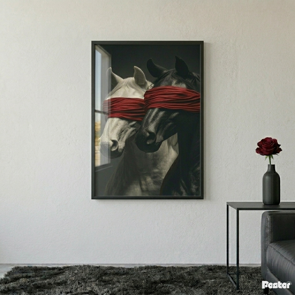 Surreal Blindfolded Horses Red Silk Contrast Framed Poster