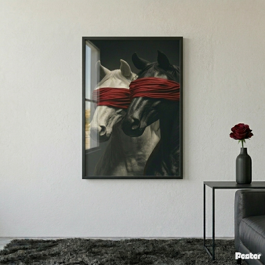 Surreal Blindfolded Horses Red Silk Contrast Framed Poster