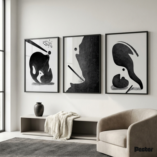 Bold Black Organic Abstract Expressionist Triptych Wall Art