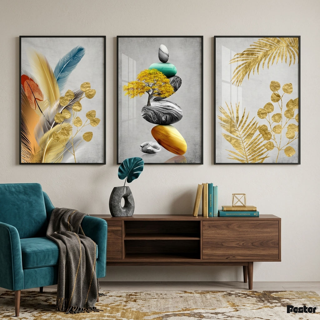 Zen Gold Leaf & Pebble Abstract Poster Set