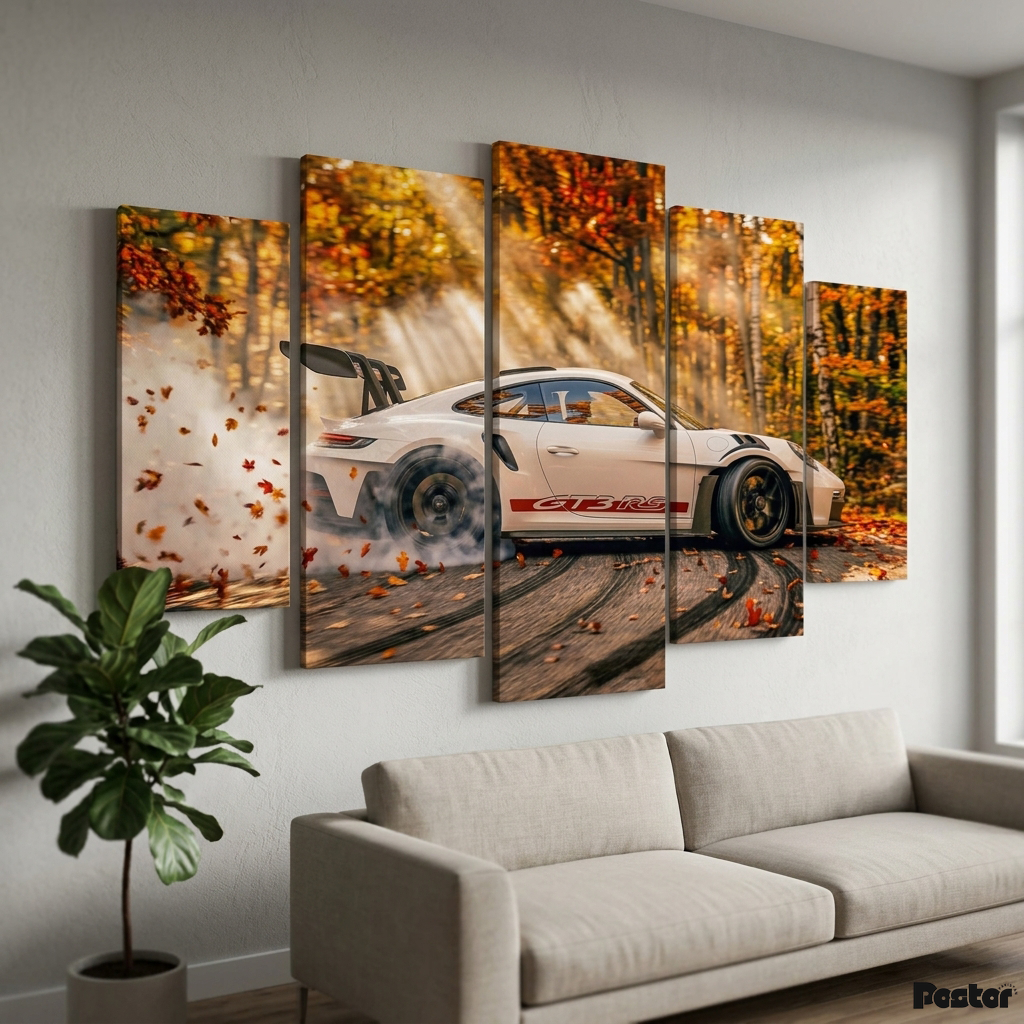 Porsche 911 GT3 RS Autumn Drift | 5-Panel Canvas Wall Art
