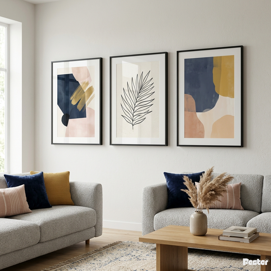 Indigo Breeze: 3-Piece Minimalist Leaf & Watercolor Abstract Set