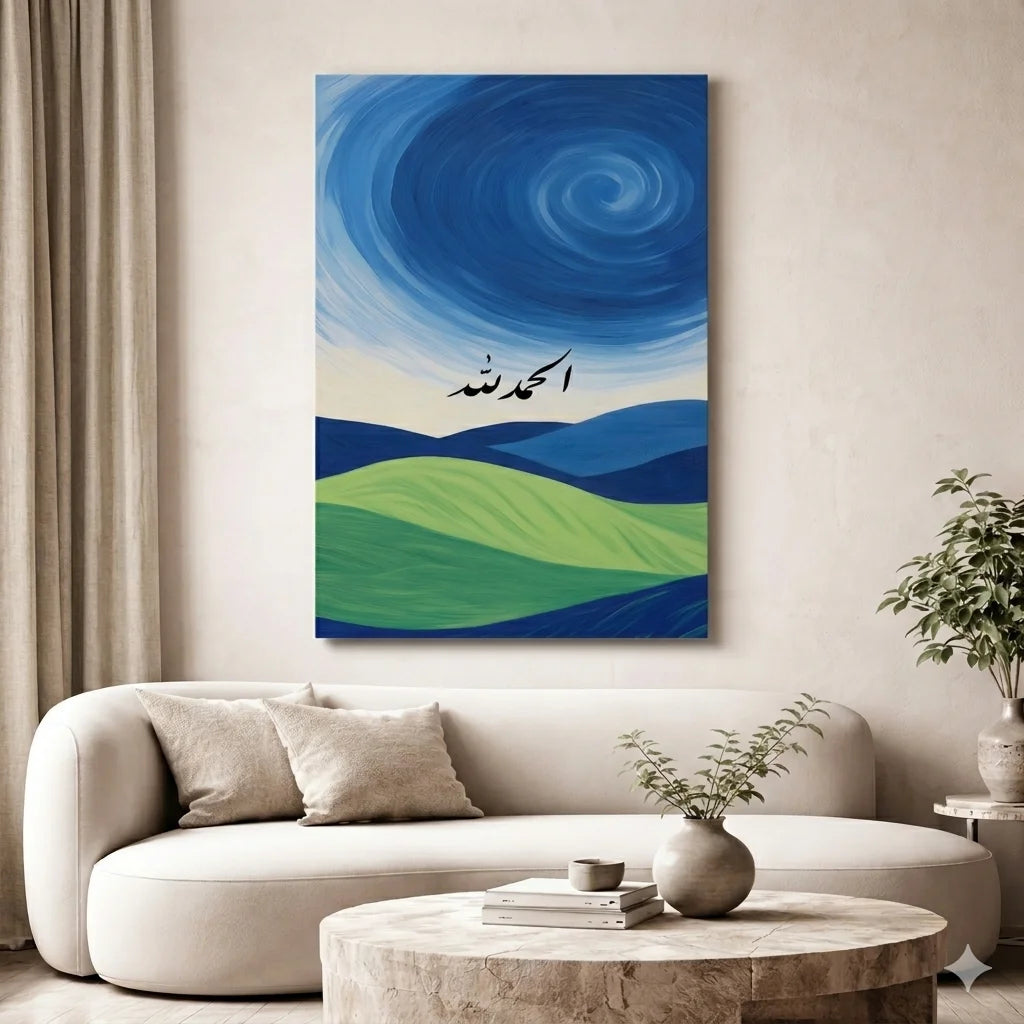 Abstract painting with swirling blue and green patterns on a wall above a sofa.