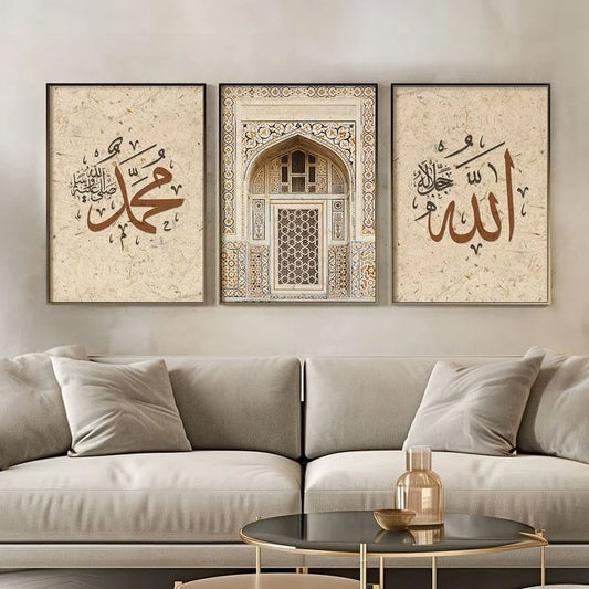 Three framed artworks on a wall above a sofa in a living room setting.