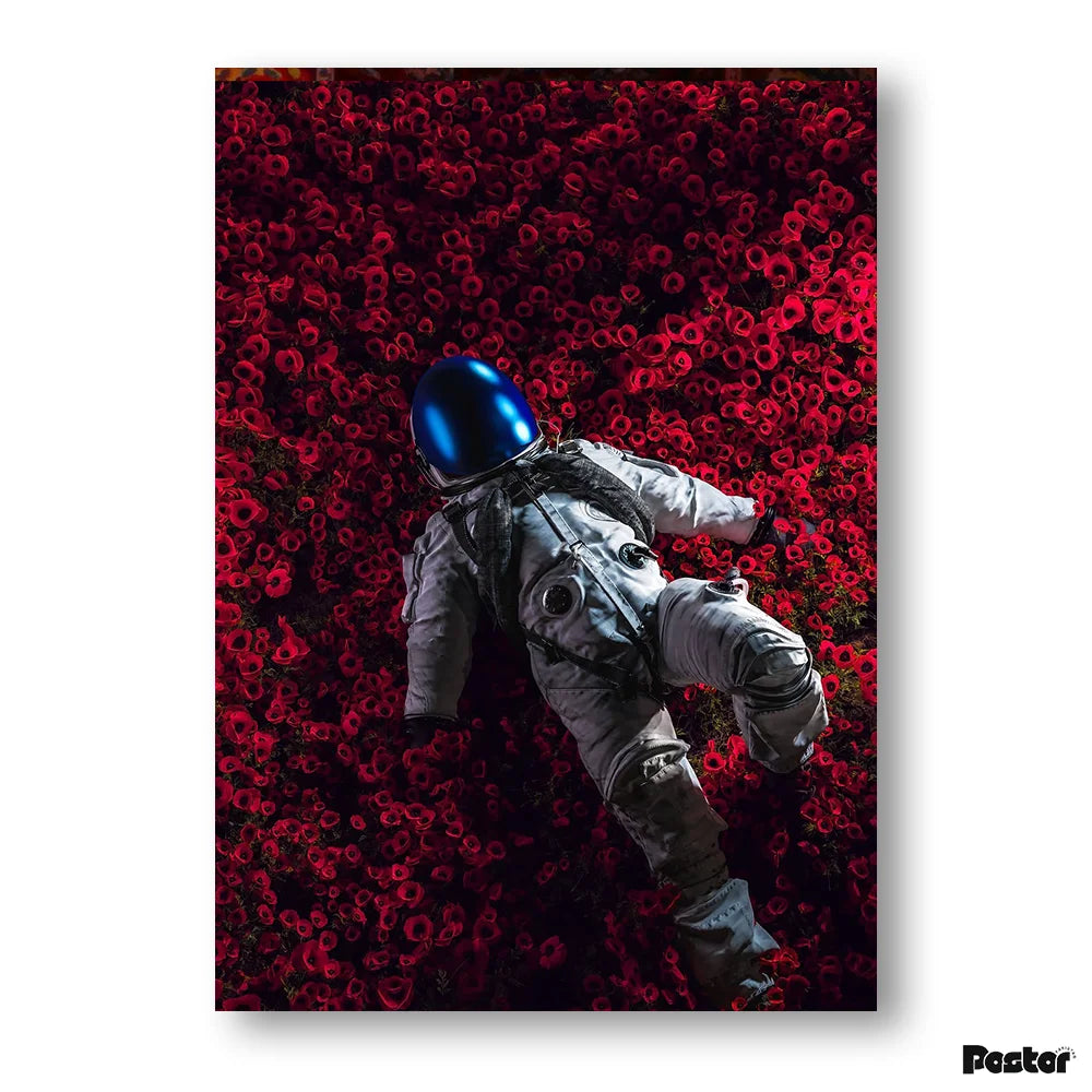 Poster of an astronaut in a spacesuit against a red floral patterned background
