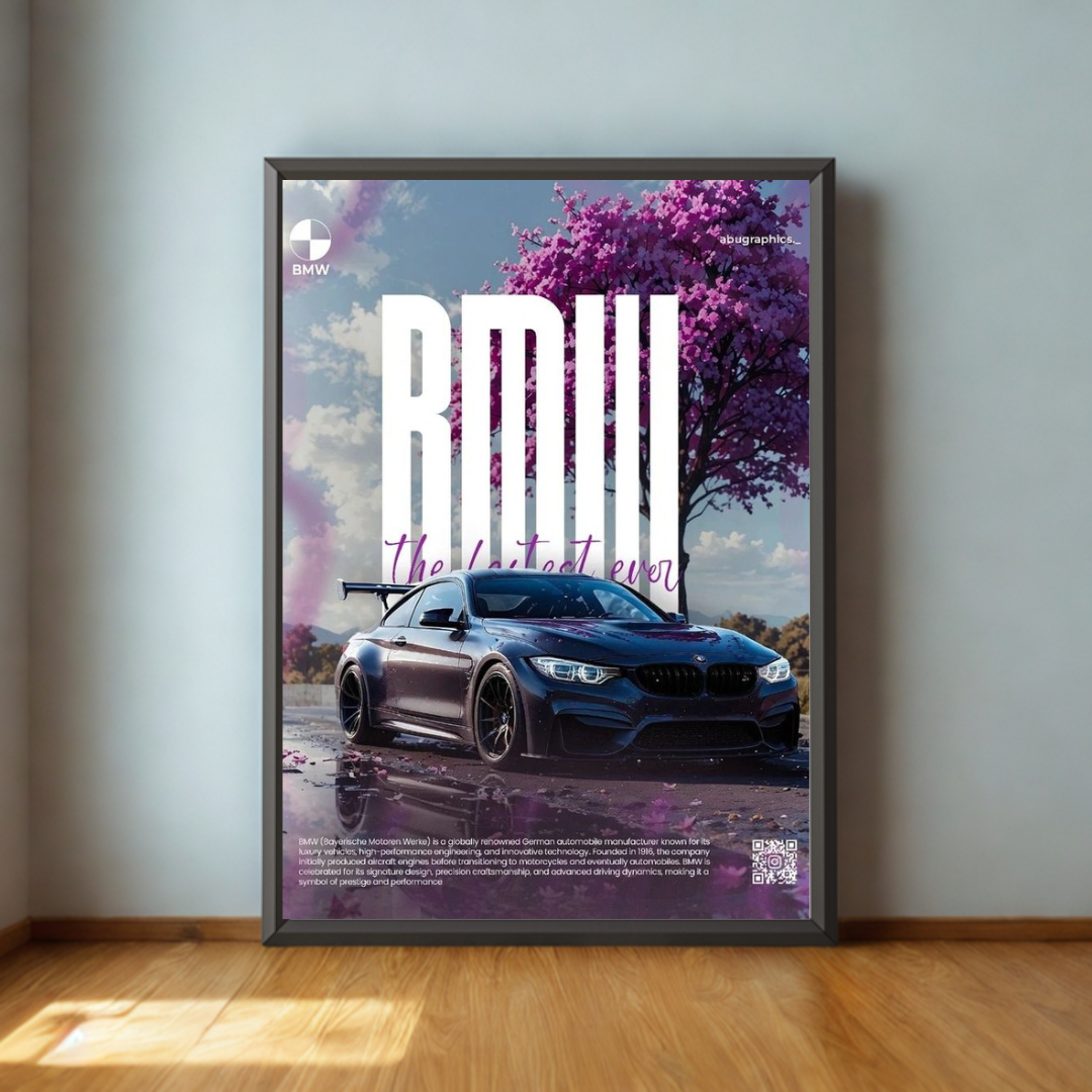 Framed poster of a car with 'BMM' branding on a wall.