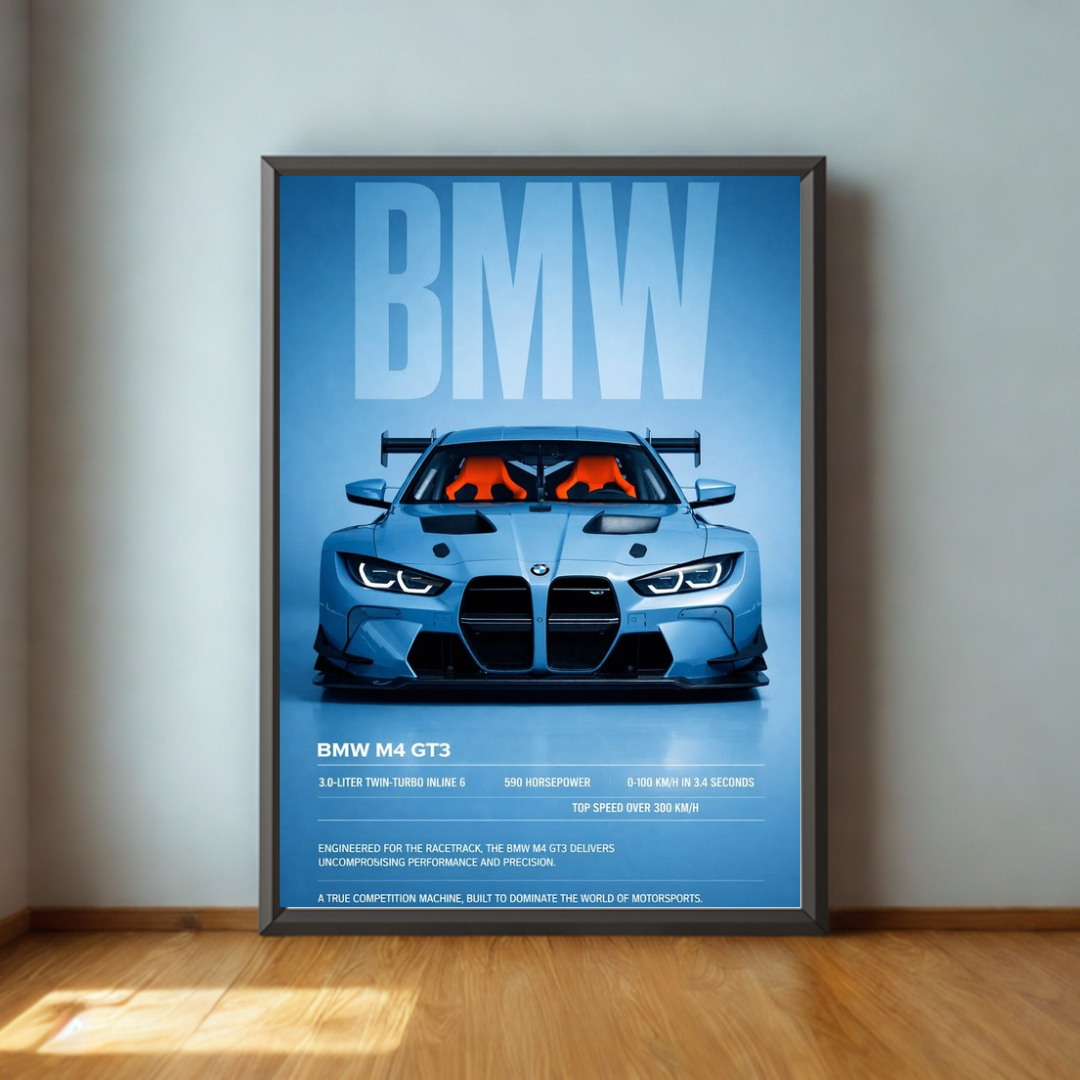 Framed poster of a BMW M4 GT3 car on a wall.