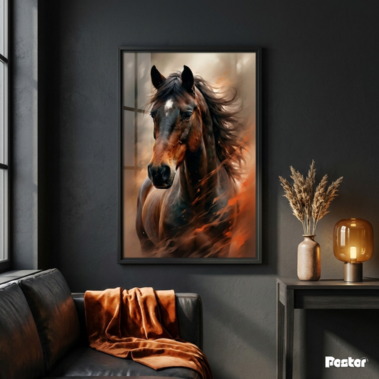 Bay Horse Portrait Emerging from Fiery Abstract Swirls