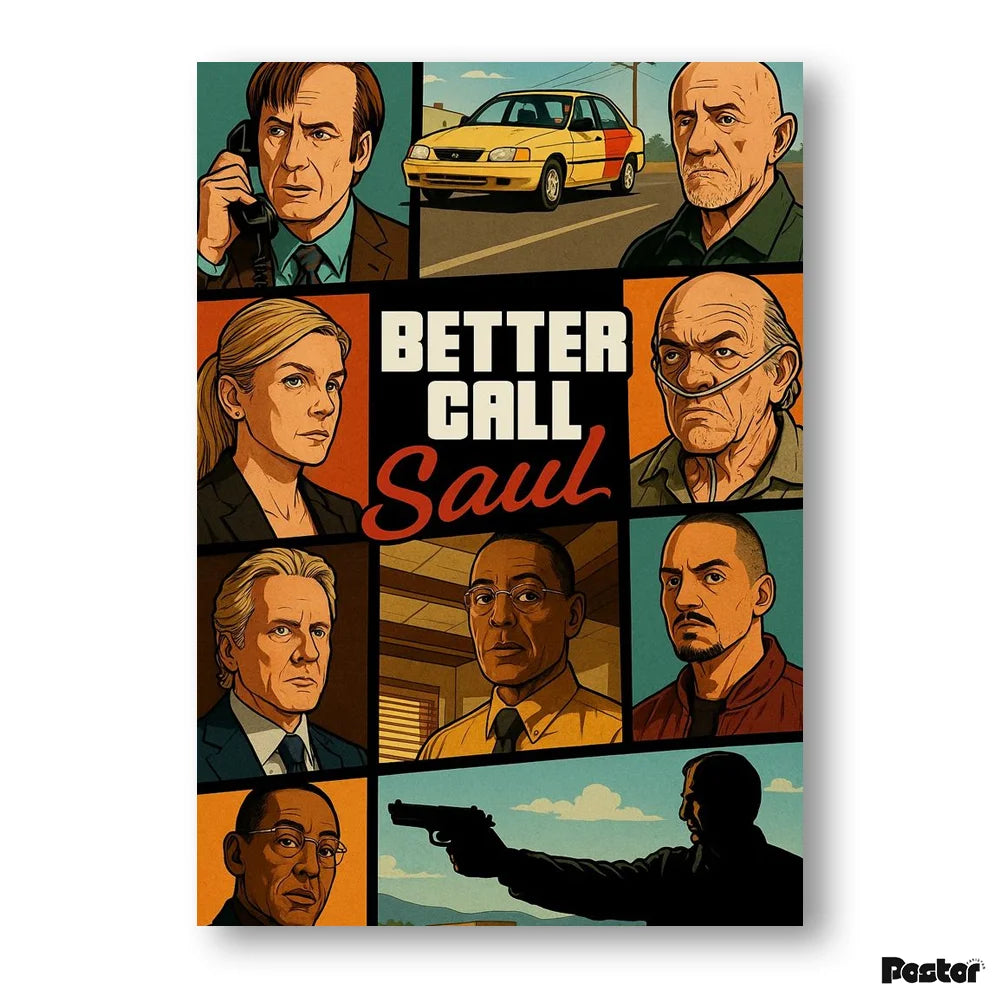 Illustrated poster of 'Better Call Saul' with character portraits and a car.