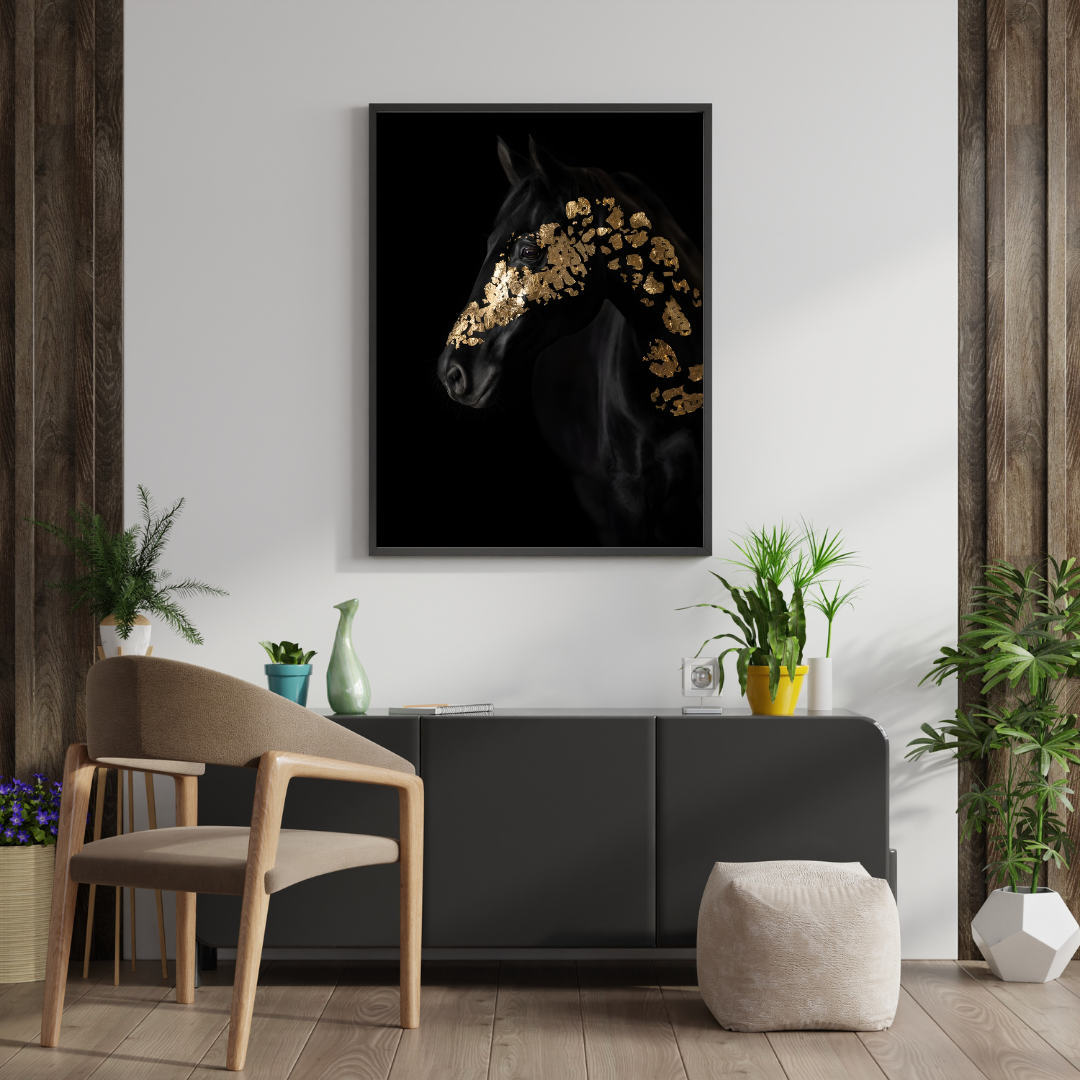 Gold Leaf Black Horse Framed Art Poster - #P050