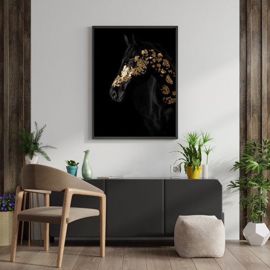 Gold Leaf Black Horse Framed Art Poster - #P050