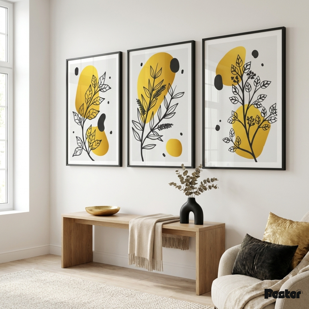 Black Line Botanical & Gold Abstract Shape Wall Art Set