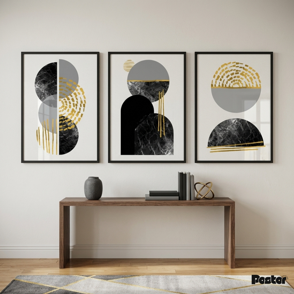 Black Marble, Grey & Gold Geometric Wall Art Set