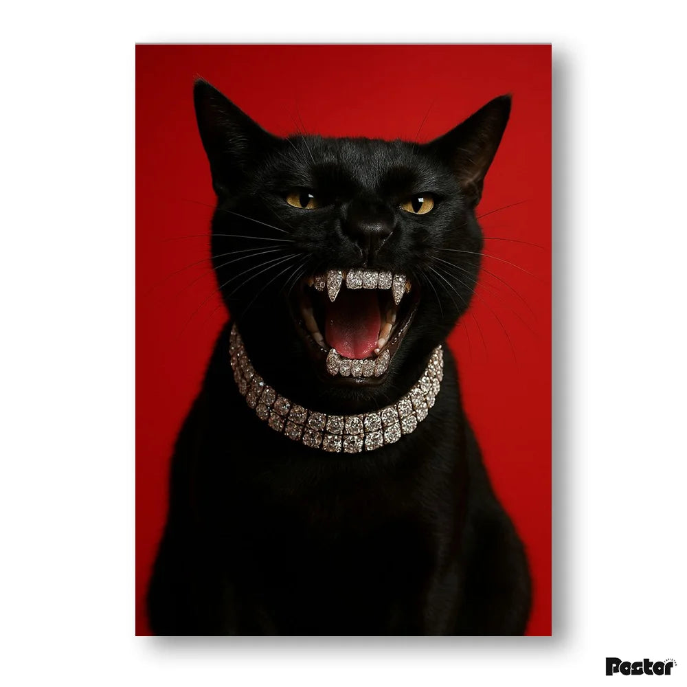 Black cat with a diamond necklace on a red background