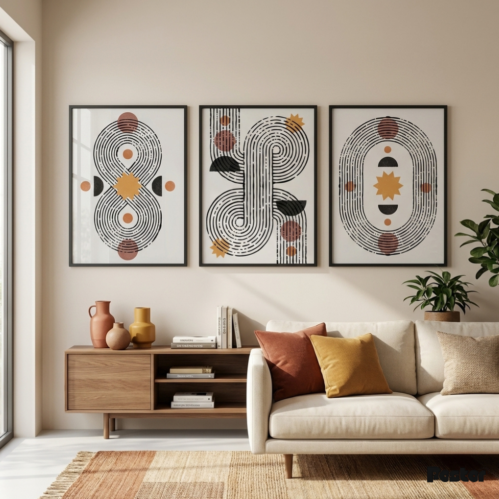 Boho Geometric Line Pattern Wall Art Set