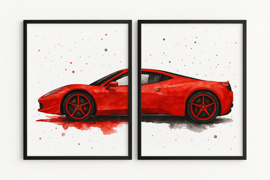 Ferrari Red Sports Car Watercolor Art 2-Piece Framed Poster Set - #P049