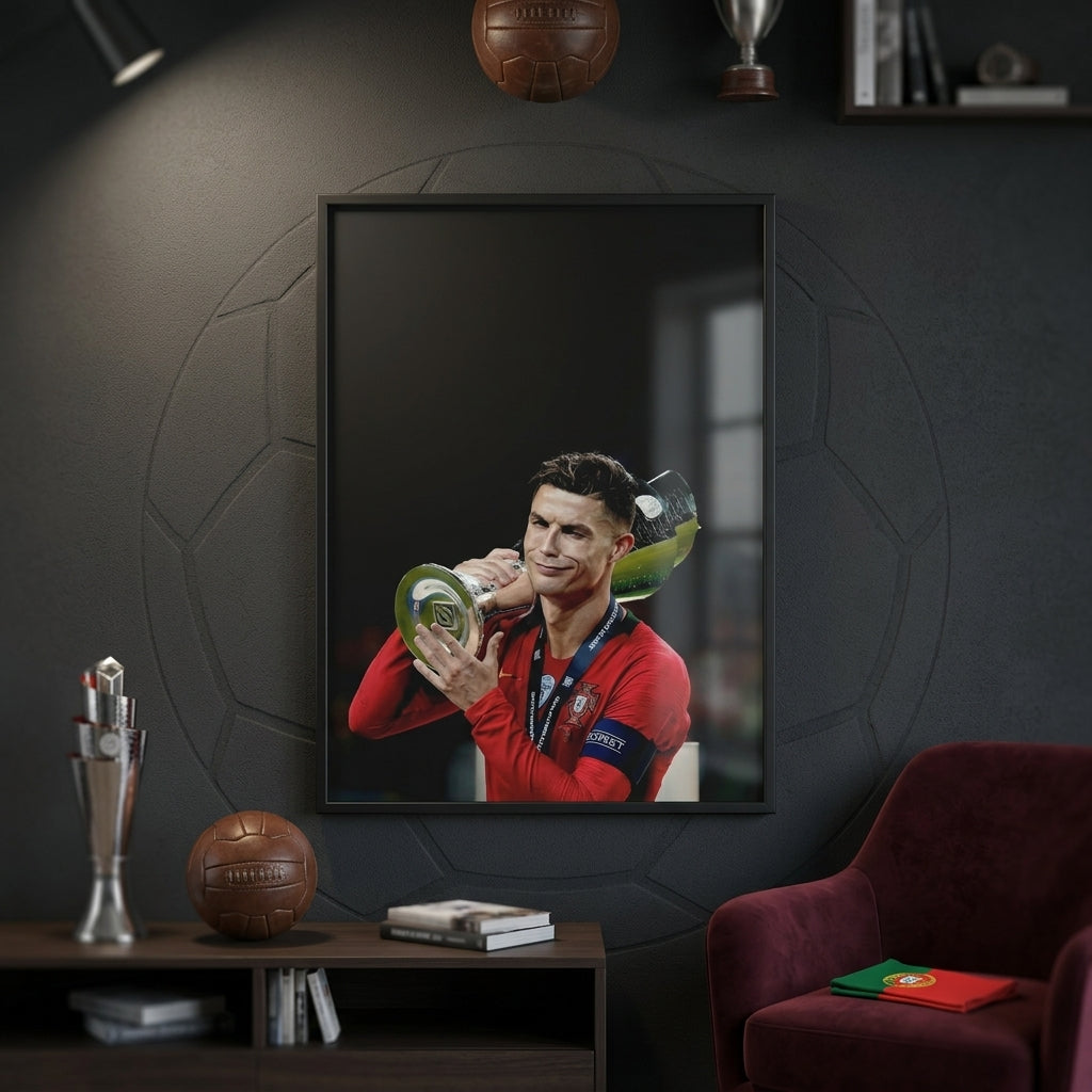 Framed portrait of a sports figure holding a trophy in a room with sports memorabilia.