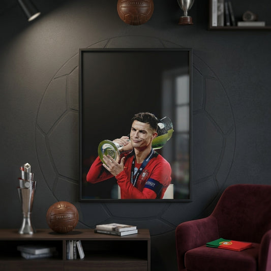 Framed portrait of a sports figure holding a trophy in a room with sports memorabilia.