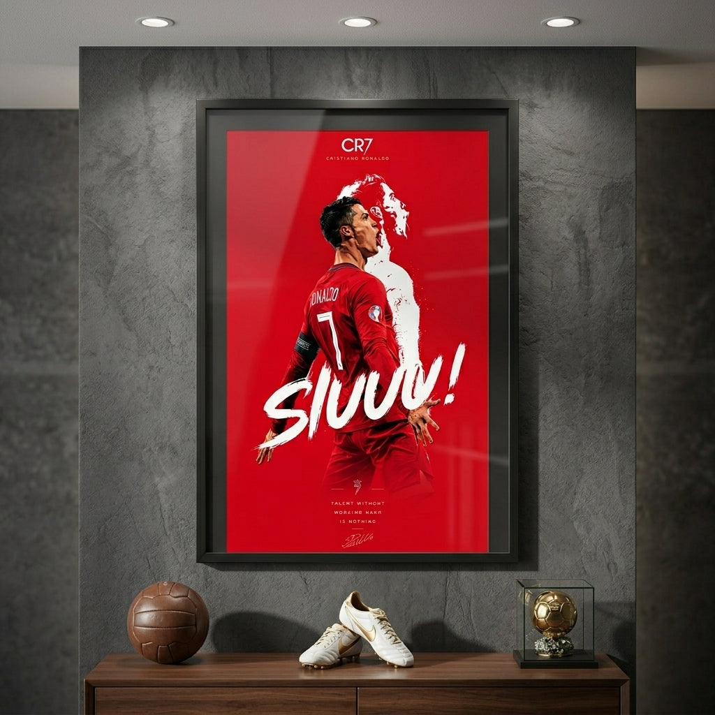 Framed poster of a soccer player with 'SLAVY!' on a red background, displayed on a wall with sports memorabilia below.
