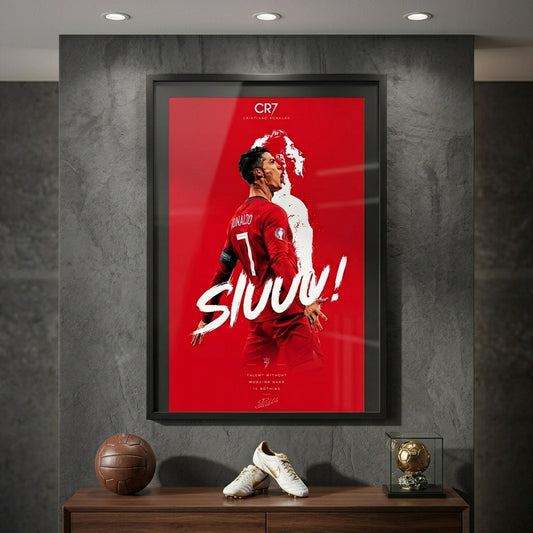 Framed poster of a soccer player with 'SLAVY!' on a red background, displayed on a wall with sports memorabilia below.