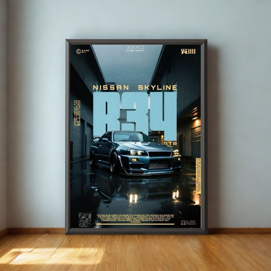 Framed poster of a Nissan Skyline car on a wall.
