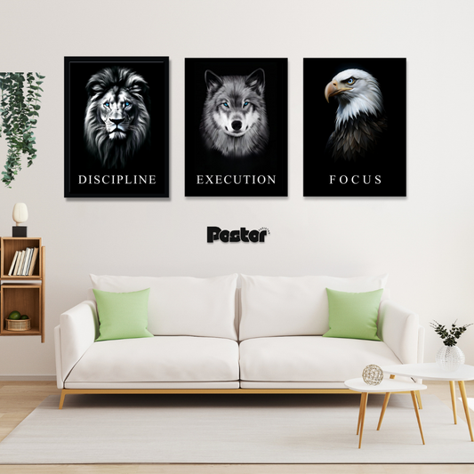 "DISCIPLINE - EXECUTION - FOCUS" Animal Motivational 3-Piece Framed Poster Set - #P037