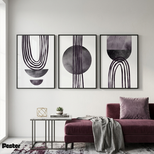 Dark Plum Minimalist Geometric Line & Circle Wall Art Set