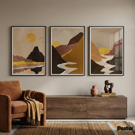 Earthy Boho Mountain & River Landscape Wall Art Set