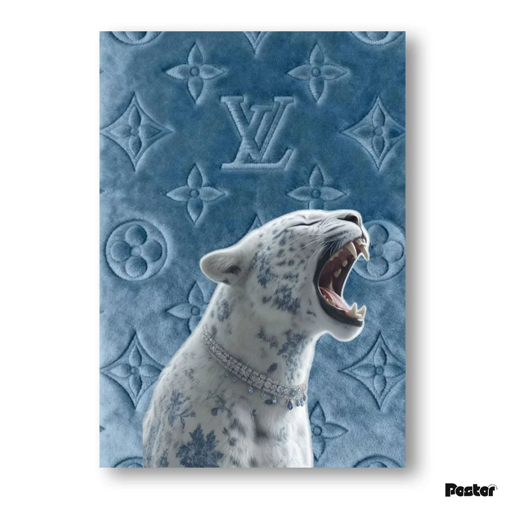 Poster of a roaring white panther with a blue patterned background featuring a logo.
