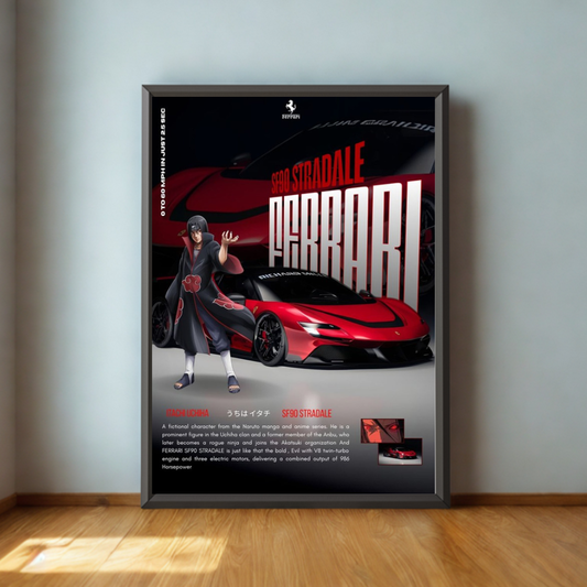 Framed poster of a red Ferrari Stradale with a person standing next to it on a light gray wall.