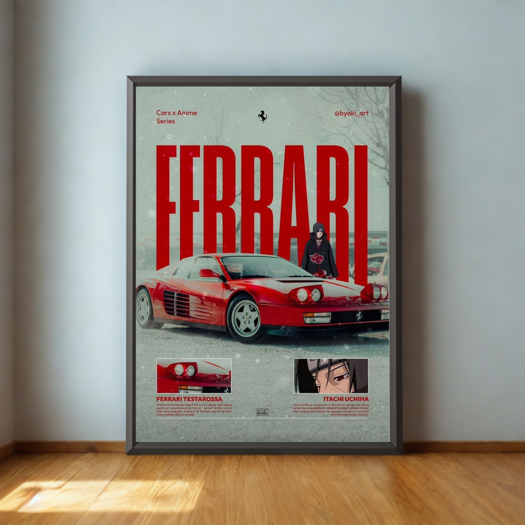 Framed Ferrari poster on a wall