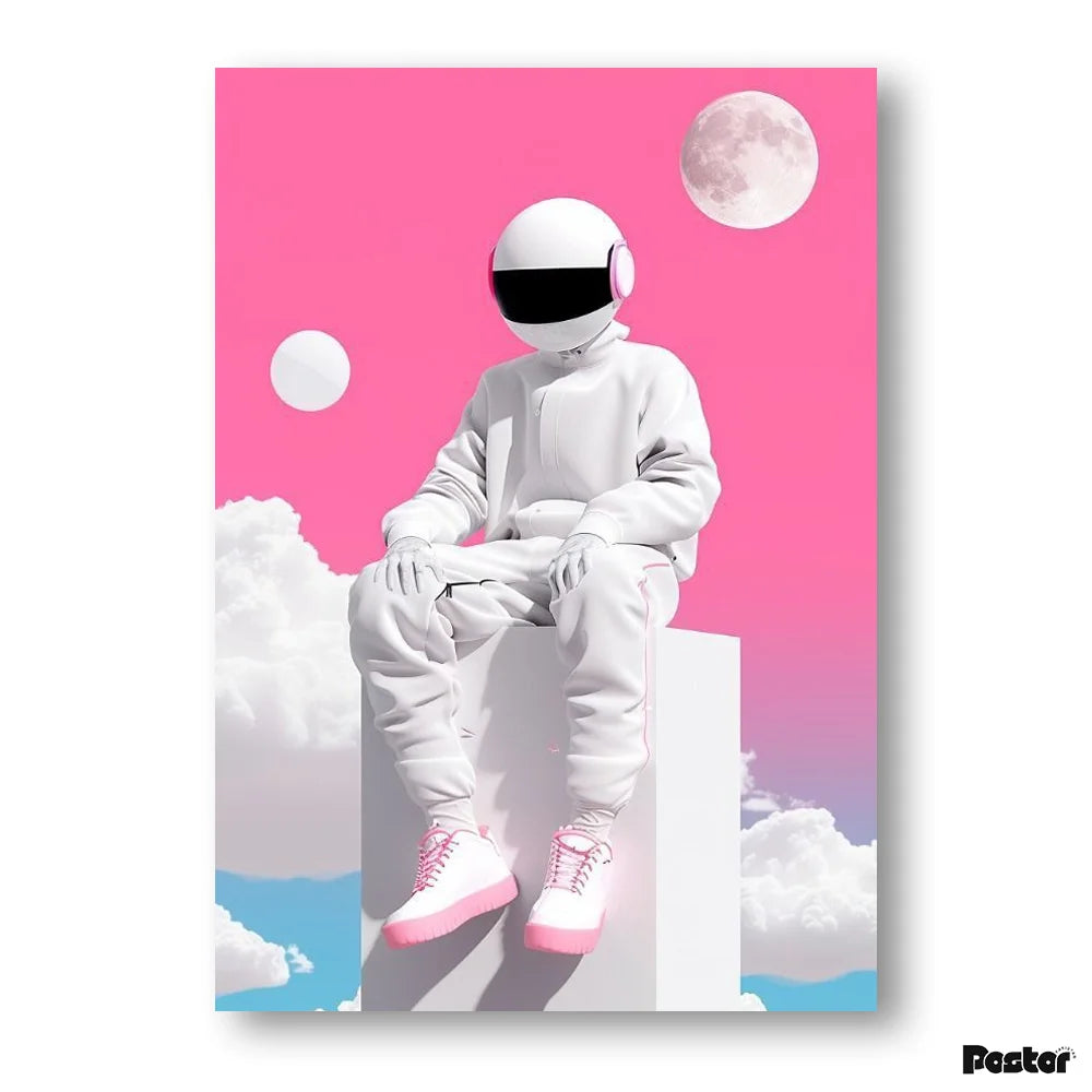 Person in a white astronaut suit sitting on a cloud with a pink sky and moon.