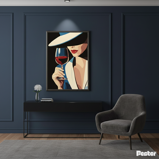 Sophisticated Woman in Hat with Red Wine Glass Pop Art - Framed Poster #P117