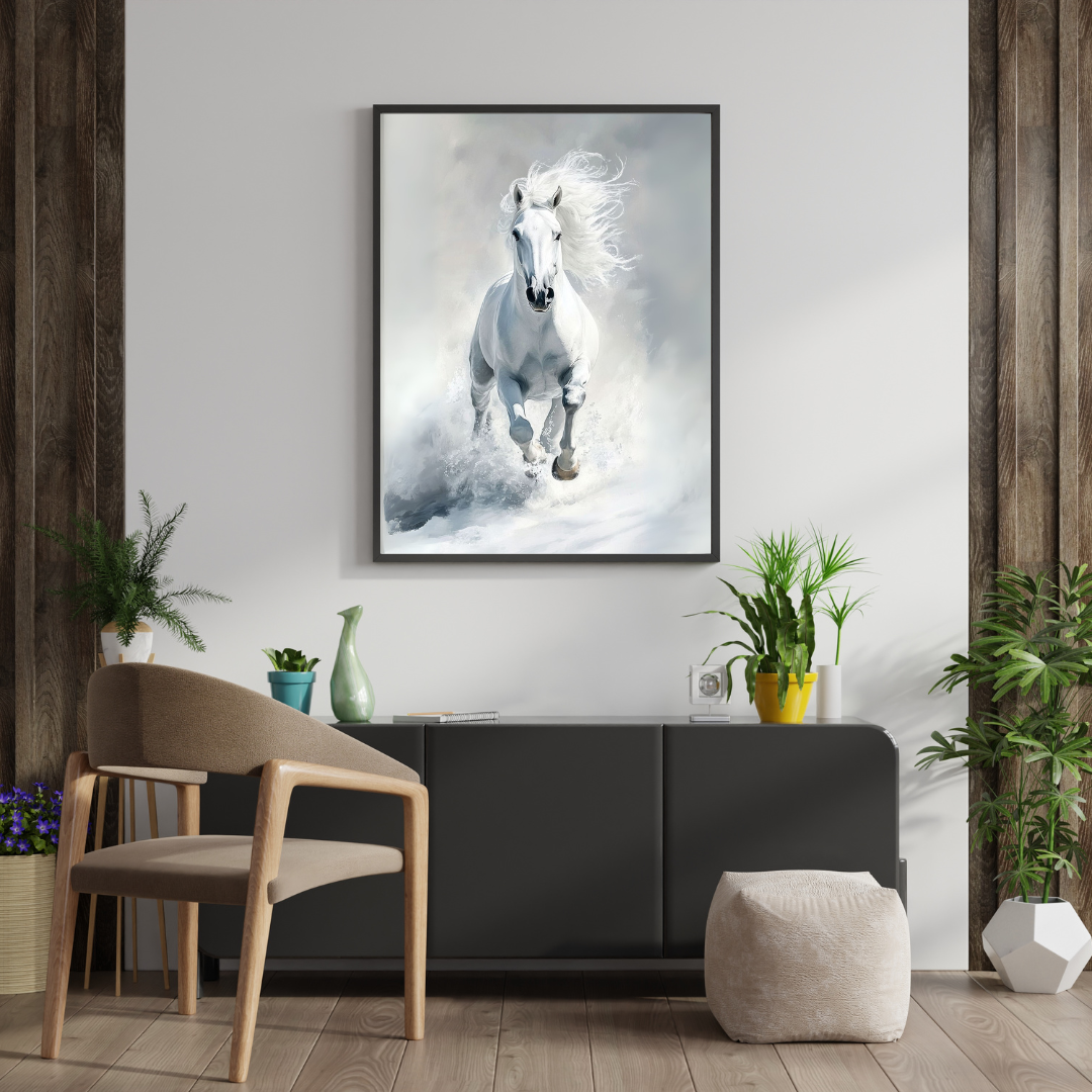 White Horse Galloping Framed Art Poster - #P047