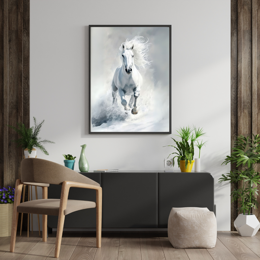 White Horse Galloping Framed Art Poster - #P047