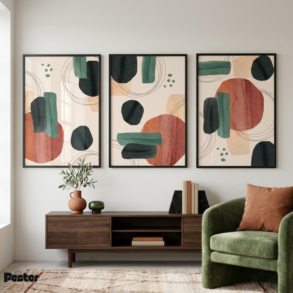 Green, Terracotta & Black Abstract Shape Wall Art Set