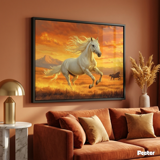 Horse Running at Blazing Sunset Over Mountain Plains