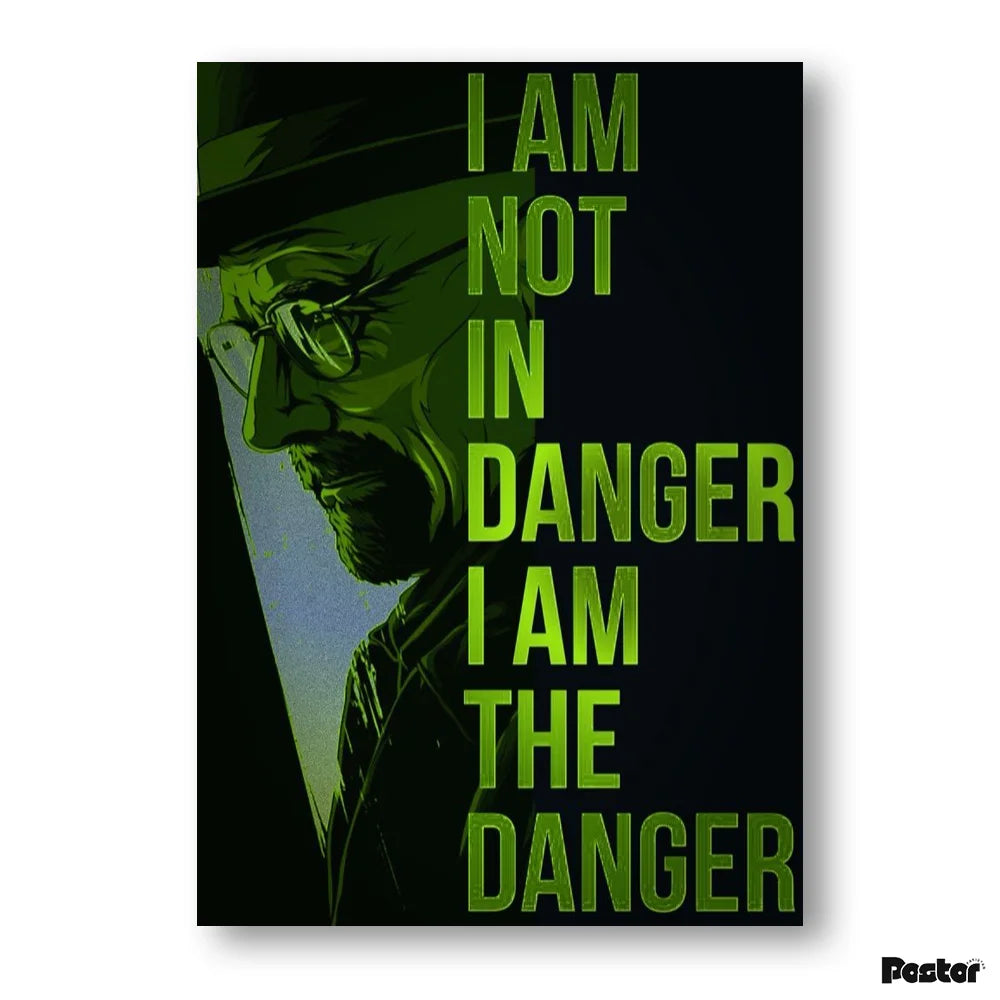 Poster with a stylized portrait and text 'I AM NOT IN DANGER I AM THE DANGER' in green on a black background.