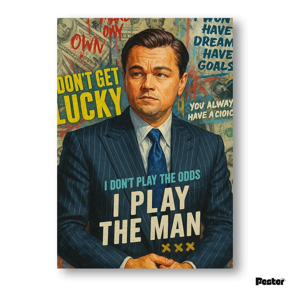 Poster with a man in a suit and text about not getting lucky and playing the odds.