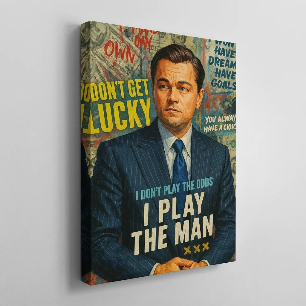Canvas print with a motivational quote and a stylized portrait of a man in a suit.