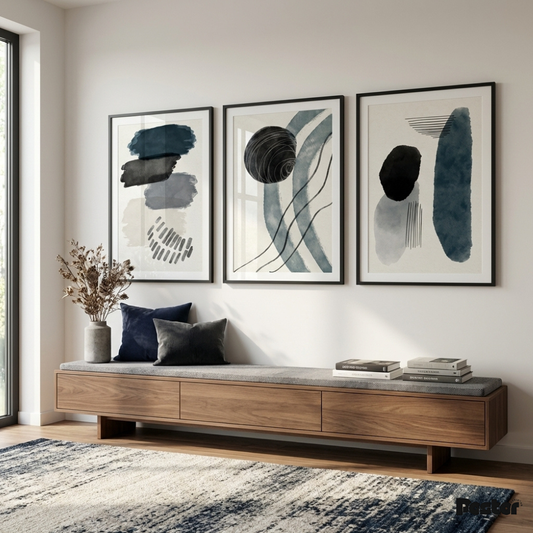 Indigo & Navy Watercolor Abstract Triptych Wall Art Set