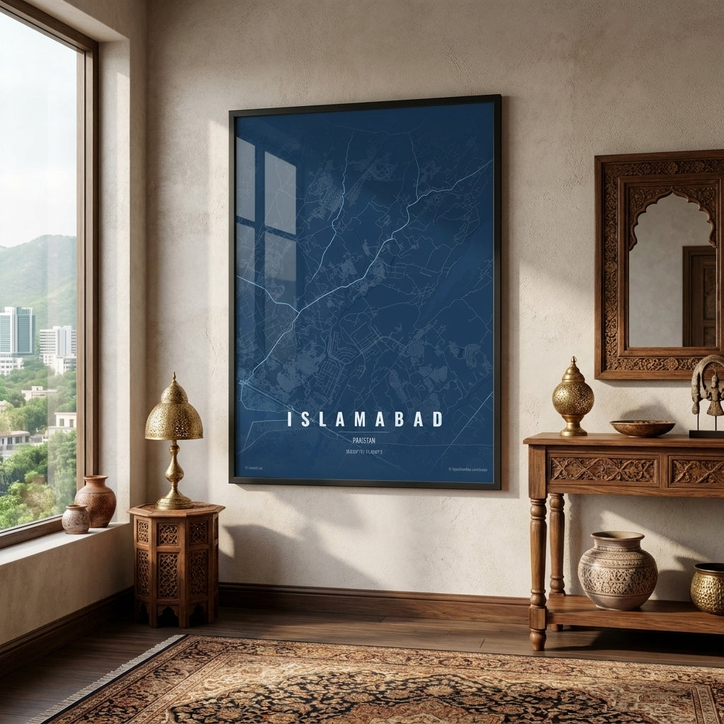 Framed map of Islamabad on a wall in a room with decor elements.