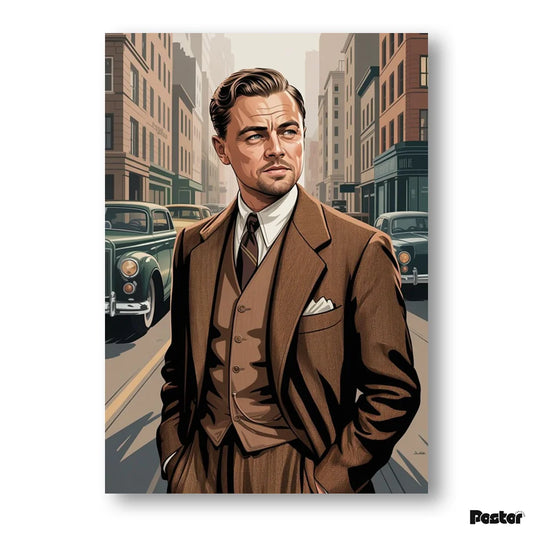 Man in a brown suit standing on a city street with vintage cars.