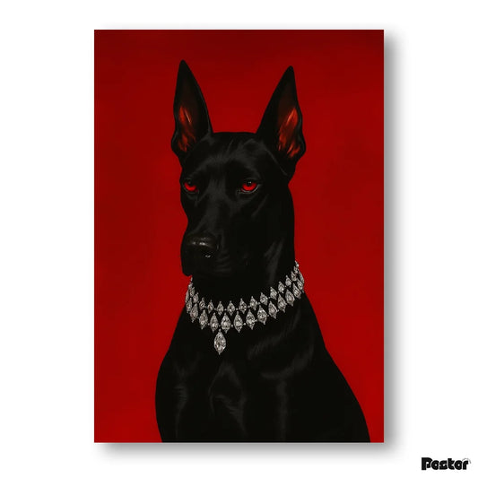 Black dog with a diamond collar on a red background